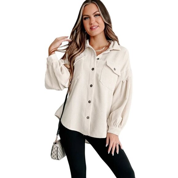 Neutral Beige Corduroy Shacket Dropped Shoulder Balloon Sleeves Size L - Picture 4 of 9